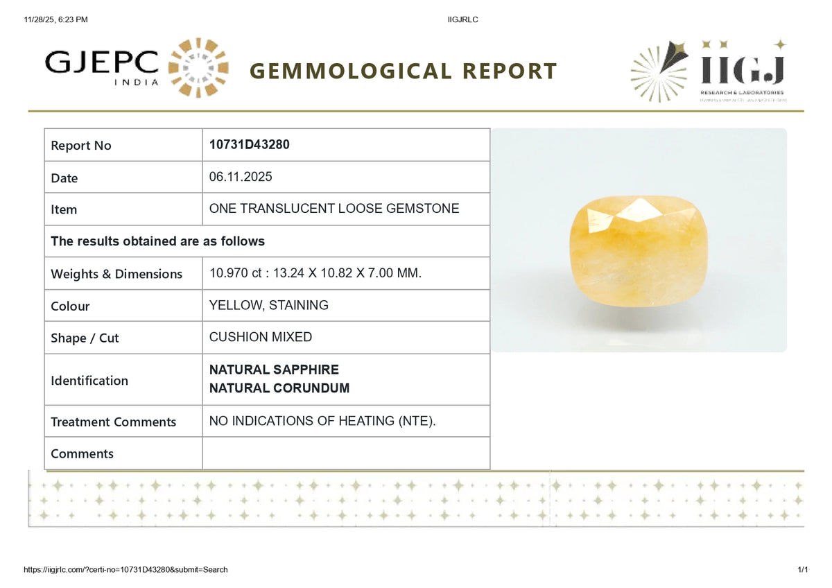Natural Yellow Sapphire 10.97 Carats / 12.05 Ratti