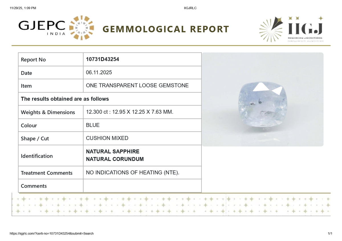 Natural Blue Sapphire 12.30 Carats / 13.52 Ratti