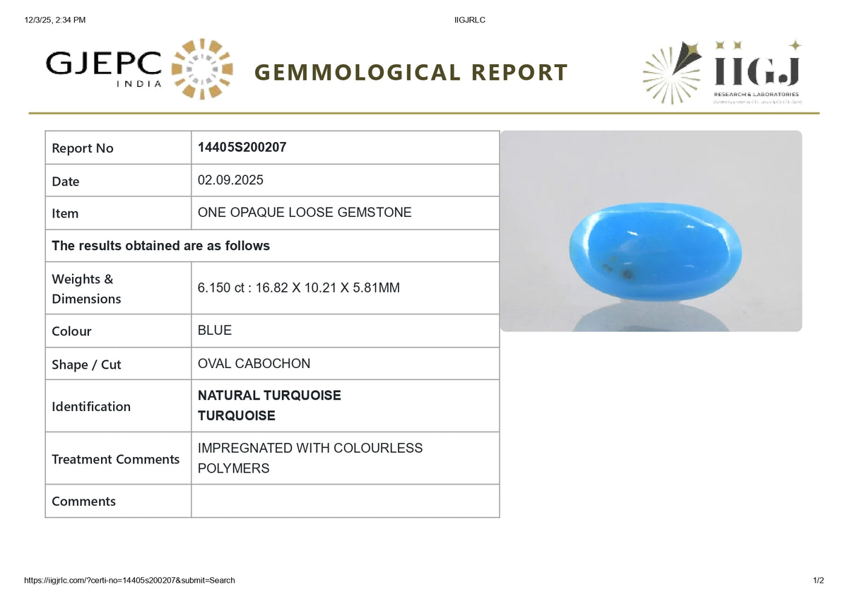 Irani Firoza (Turquoise) 6.15 Carats / 6.76 Ratti