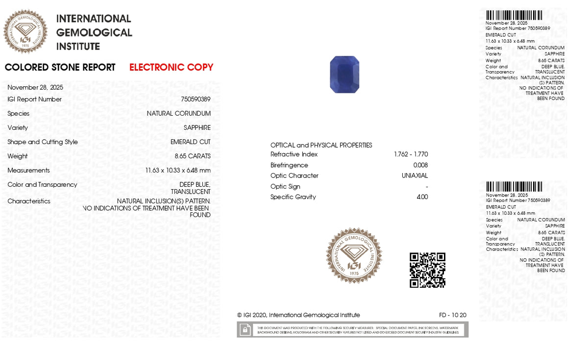 Natural Blue Sapphire 8.65 Carats / 9.51 Ratti