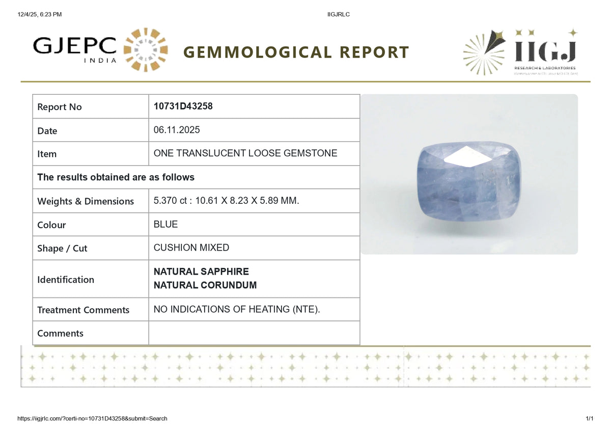 Natural Blue Sapphire 5.37 Carats / 5.9 Ratti