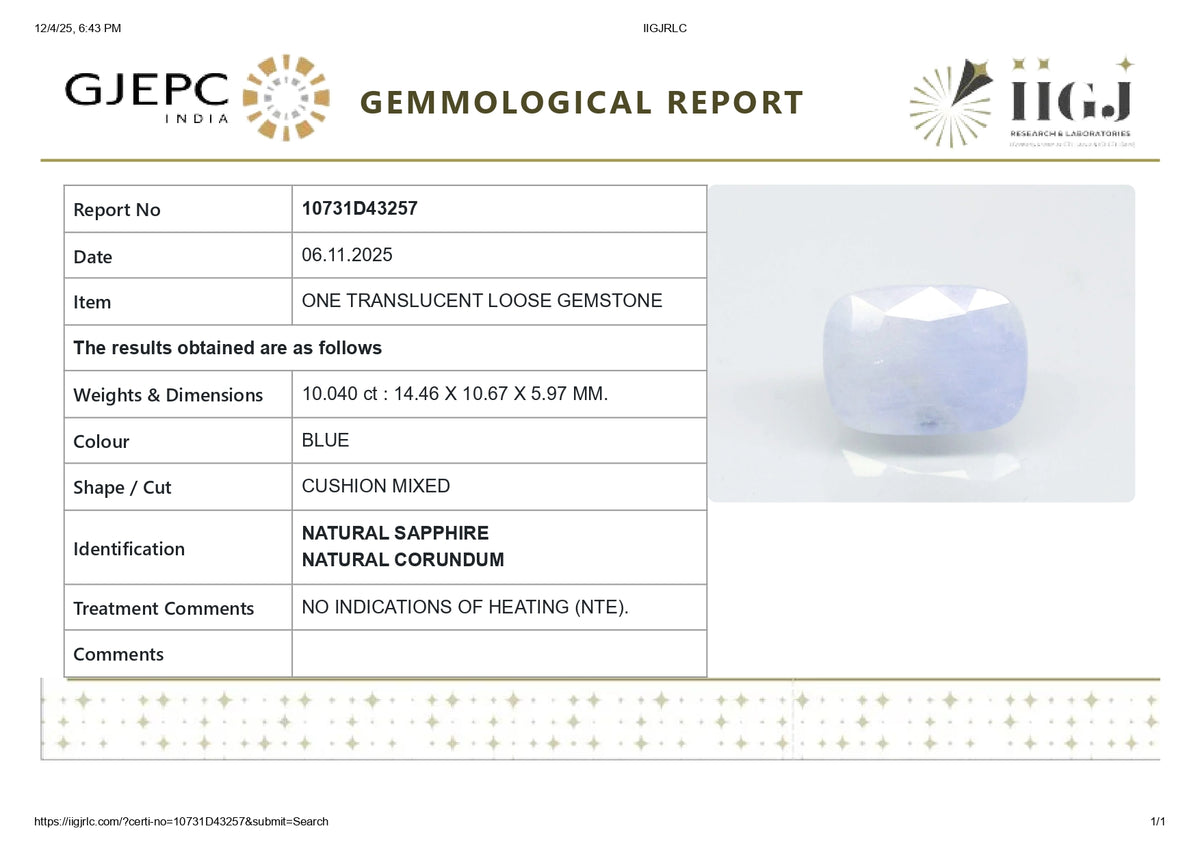 Natural Blue Sapphire 10.04 Carats / 11.03 Ratti