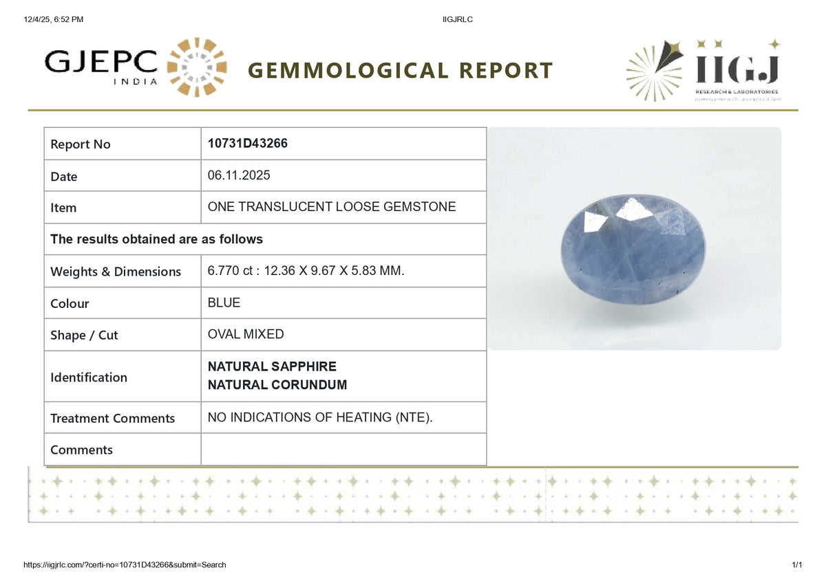 Natural Blue Sapphire 6.77 Carats / 7.44 Ratti