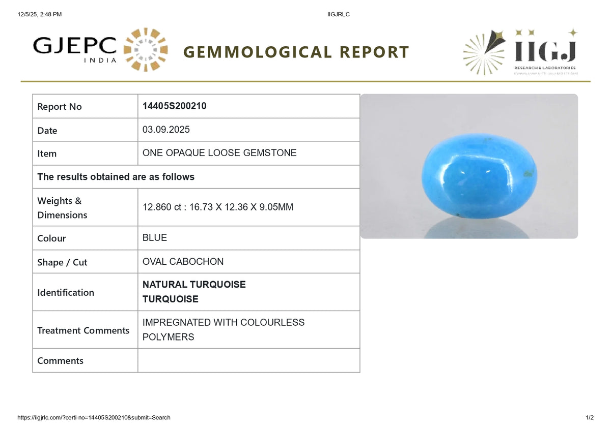Irani Firoza (Turquoise) 12.86 Carats / 14.13 Ratti