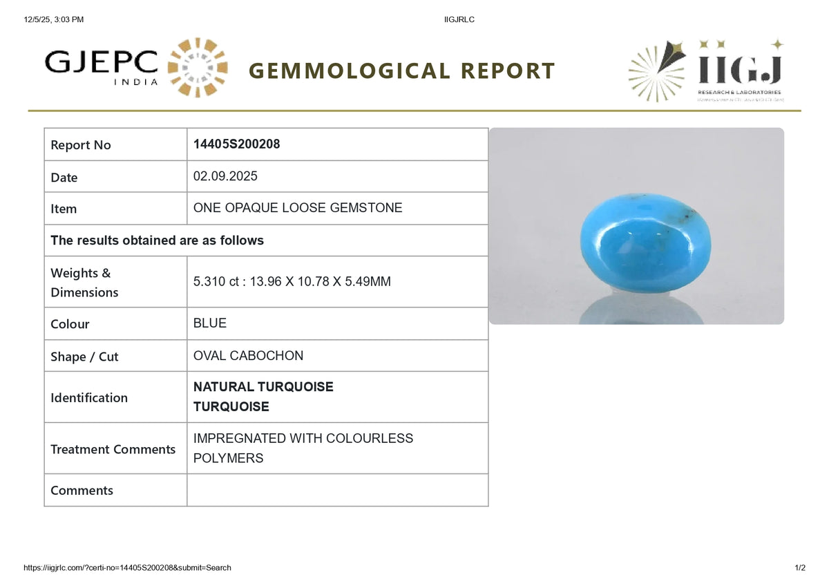 Irani Firoza (Turquoise) 5.31 Carats / 5.84 Ratti