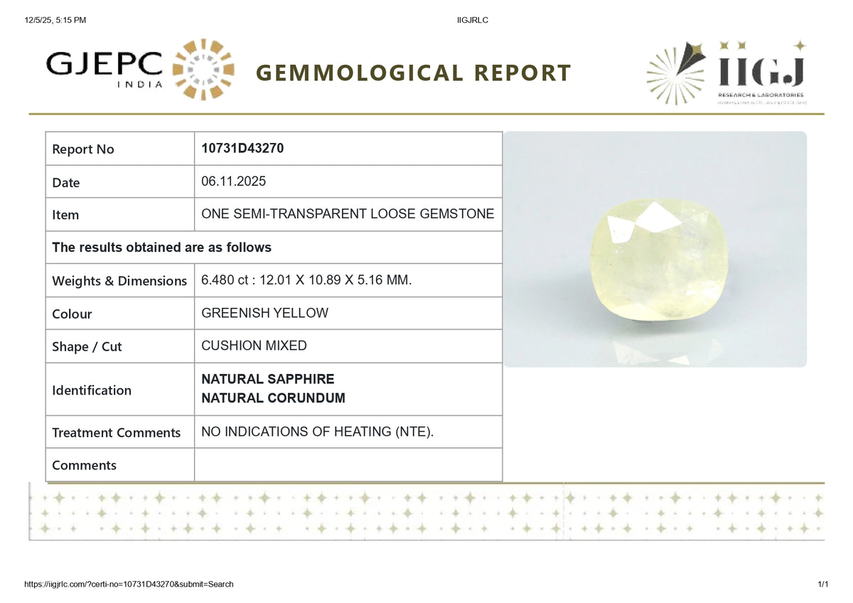 Natural Yellow Sapphire 6.48 Carats / 7.12 Ratti