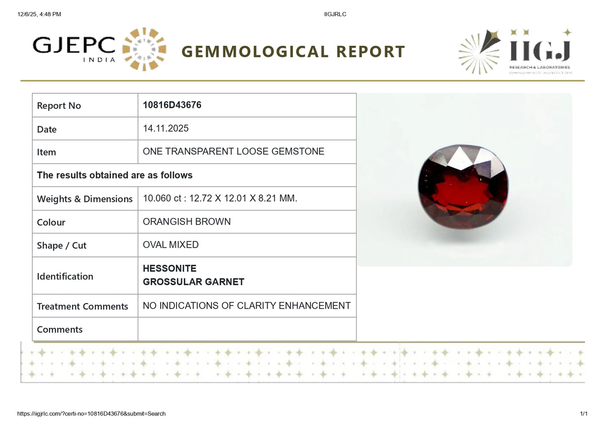 Sri-Lankan Hessonite (Gomed) 10.06 Carats / 11.05 Ratti
