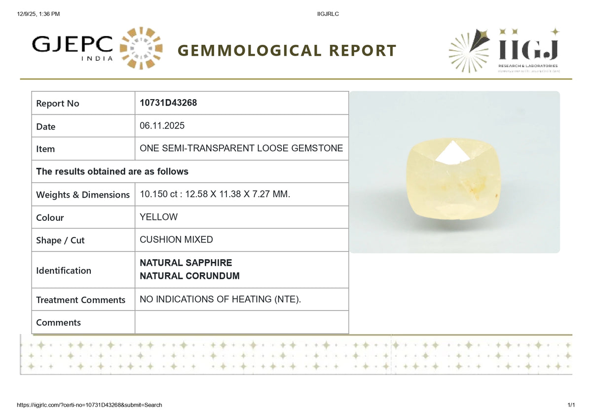 Natural Yellow Sapphire 10.15 Carats / 11.15 Ratti