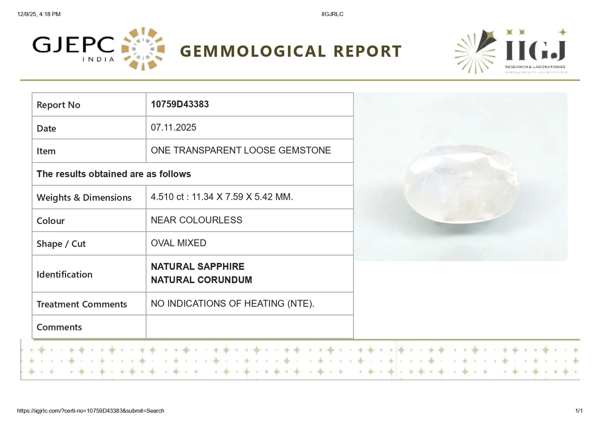 Natural White Sapphire 4.51 Carats / 4.96 Ratti