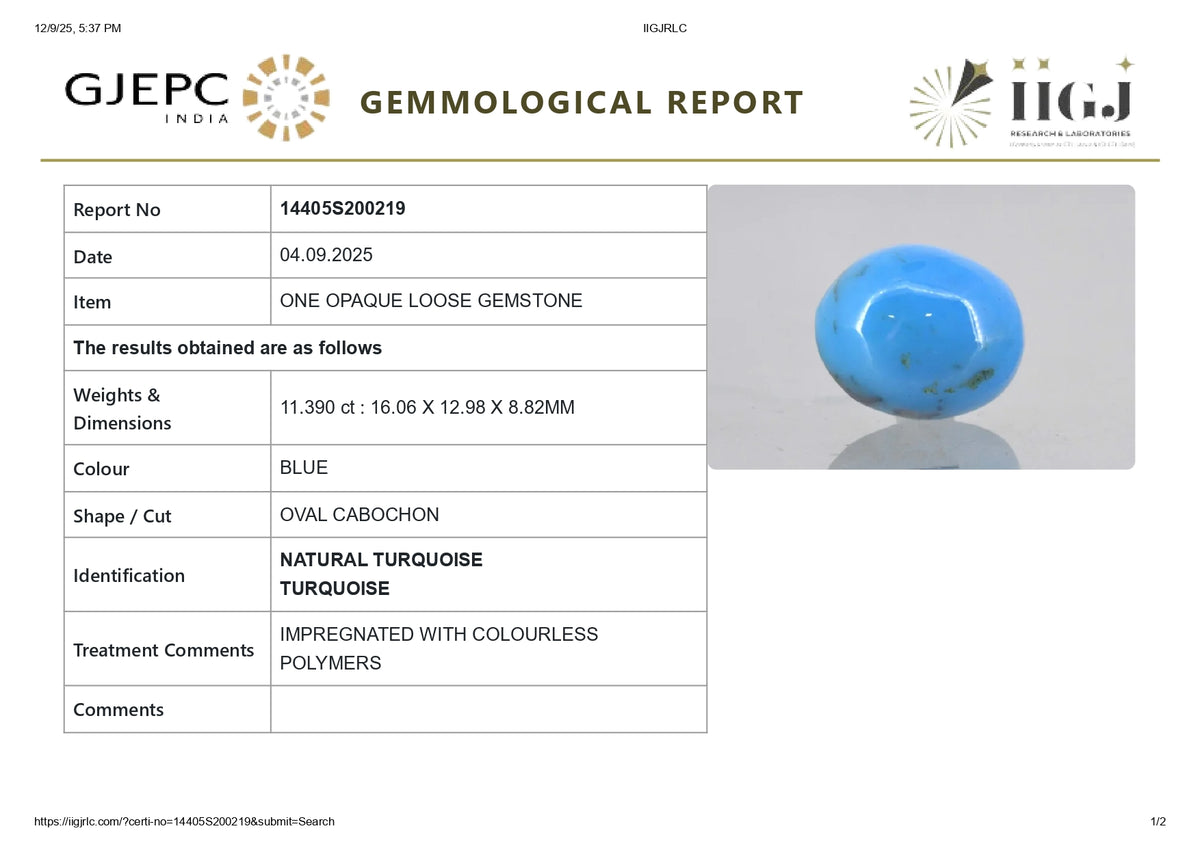 Irani Firoza (Turquoise) 11.39 Carats / 12.52 Ratti