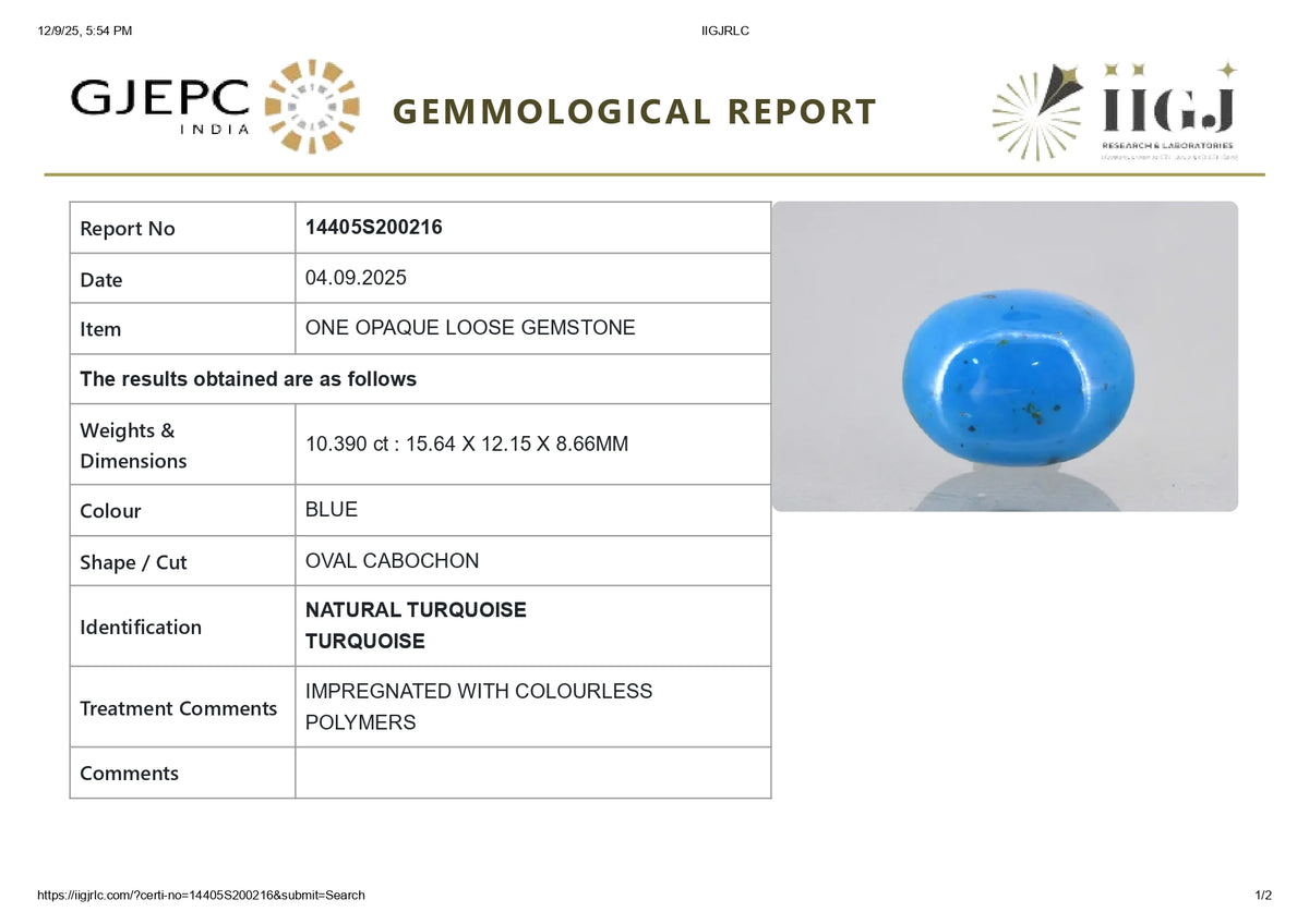 Irani Firoza (Turquoise) 10.39 Carats / 11.42 Ratti