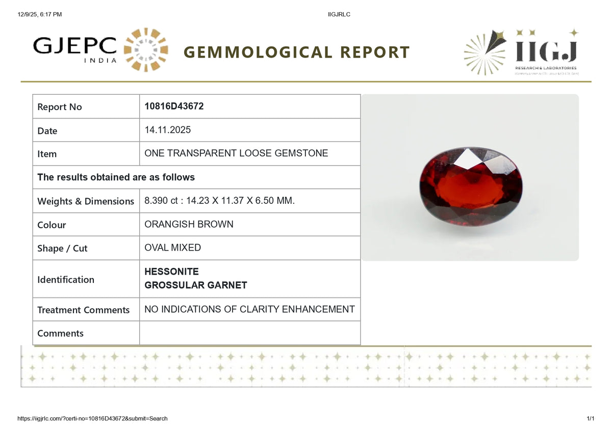 Sri-Lankan Hessonite (Gomed) 8.39 Carats / 9.22 Ratti