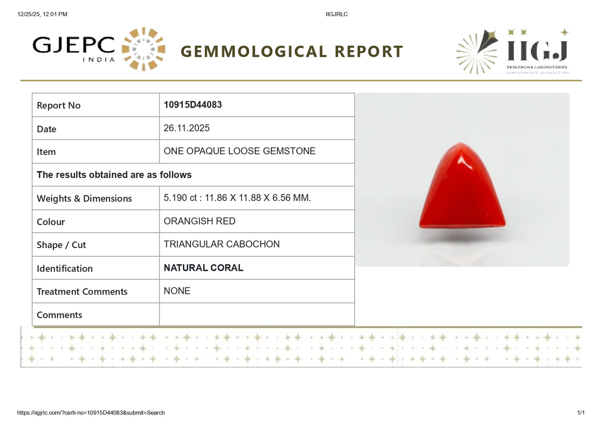 Italian Red Coral 5.19 Carats / 5.7 Ratti