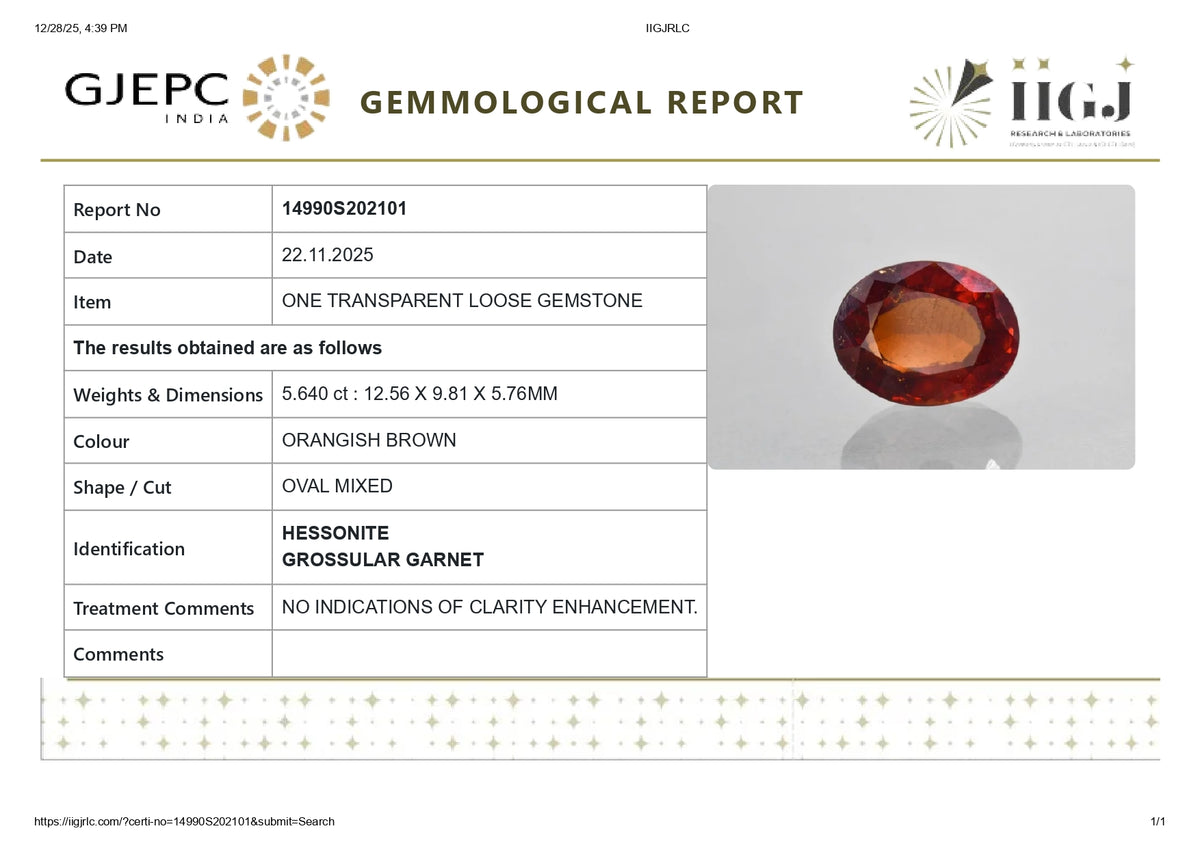 Sri-Lankan Hessonite (Gomed) 5.64 Carats / 6.2 Ratti