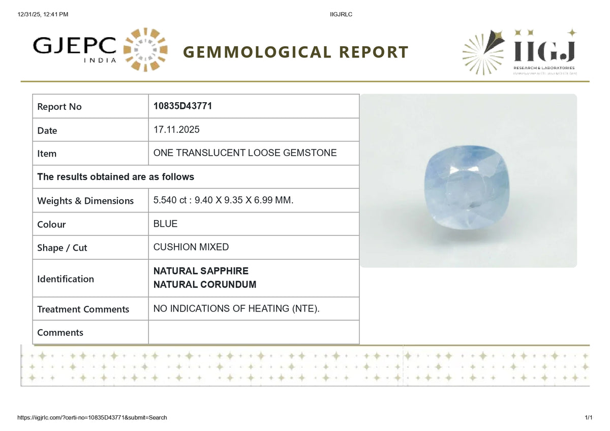 Natural Blue Sapphire 5.54 Carats / 6.09 Ratti