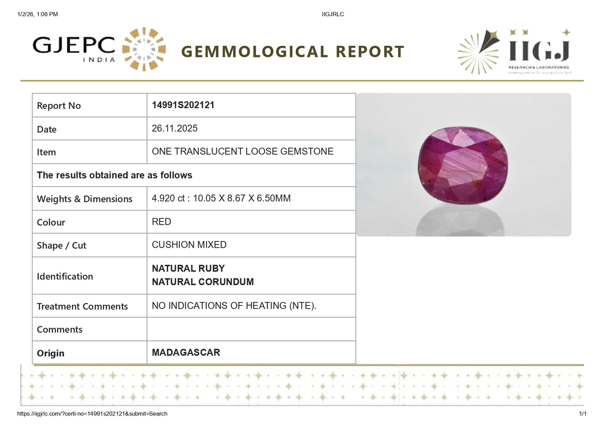 Madagascar Ruby (Manik) 4.92 Carats / 5.41 Ratti