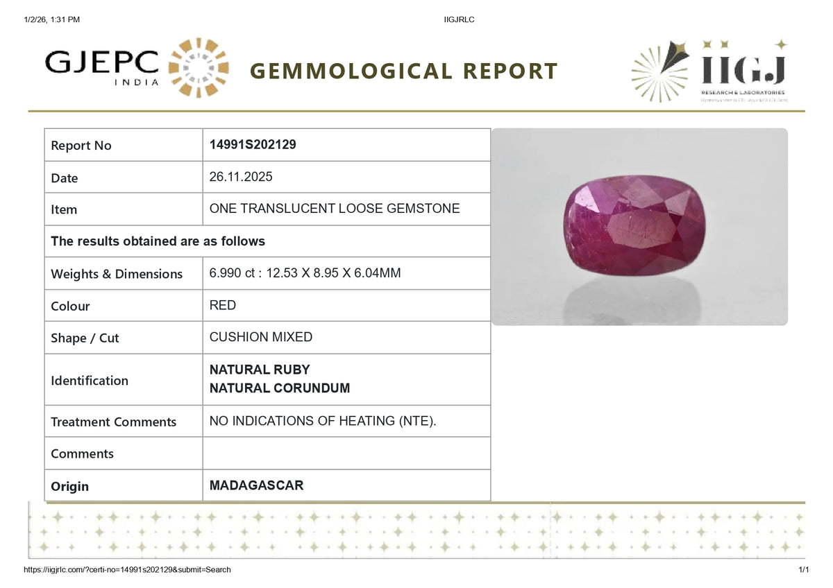Madagascar Ruby (Manik) 6.99 Carats / 7.68 Ratti