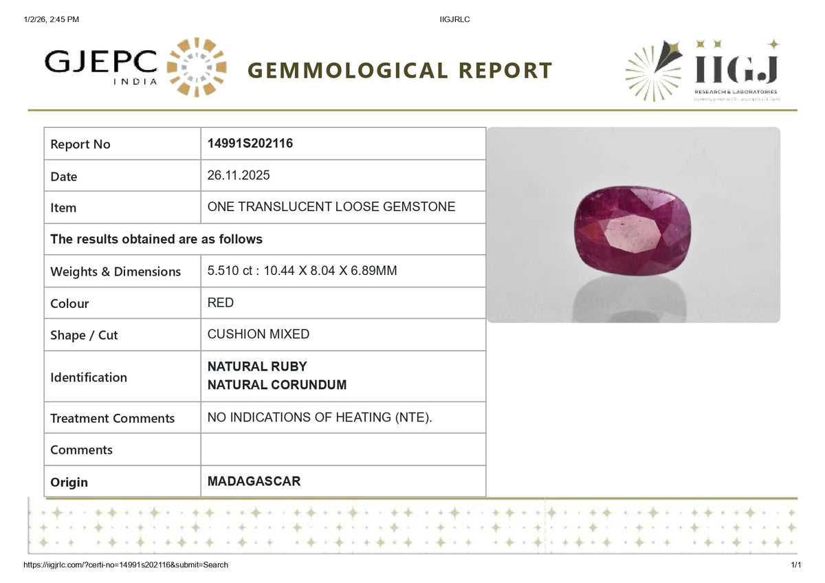 Madagascar Ruby (Manik) 5.51 Carats / 6.05 Ratti
