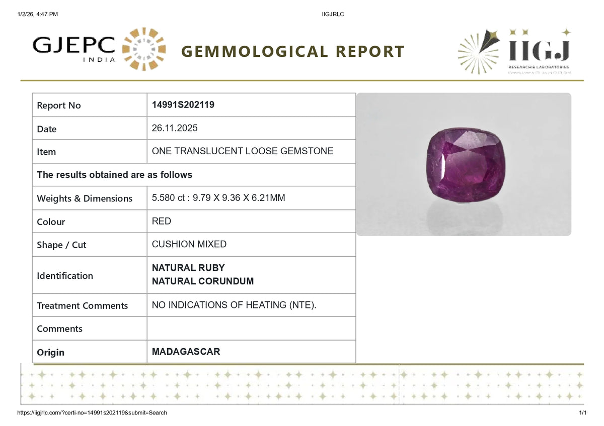 Madagascar Ruby (Manik) 5.58 Carats / 6.13 Ratti