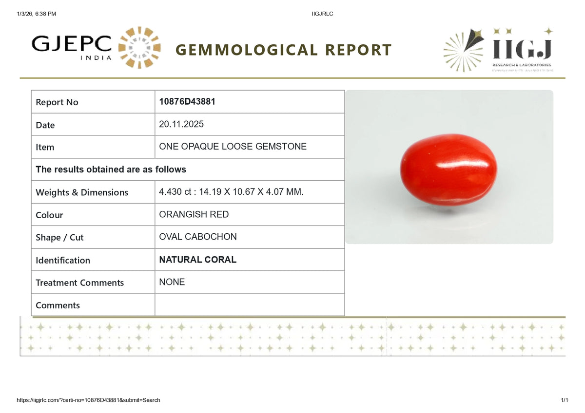 Japanese Red Coral 4.43 Carats / 4.87 Ratti