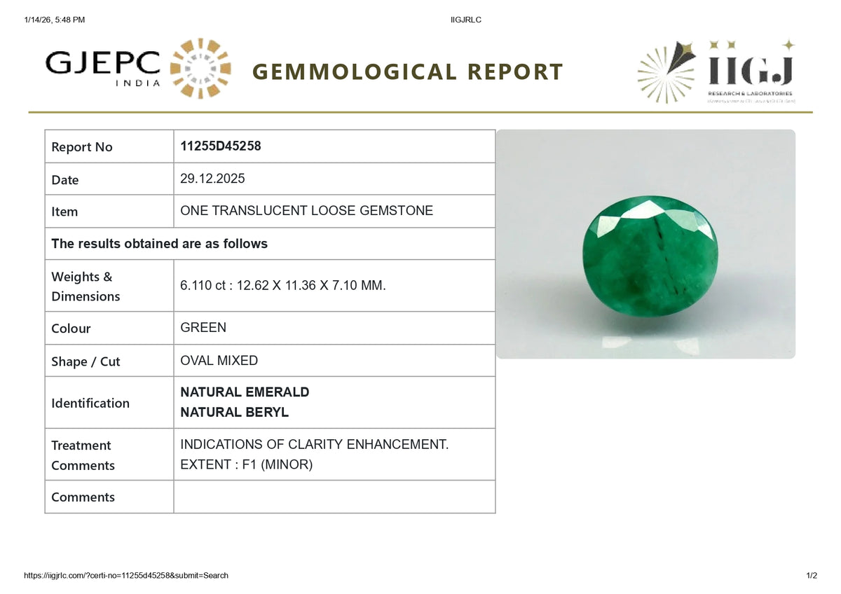 Zambian Emerald (Panna) 6.11 Carats / 6.71 Ratti
