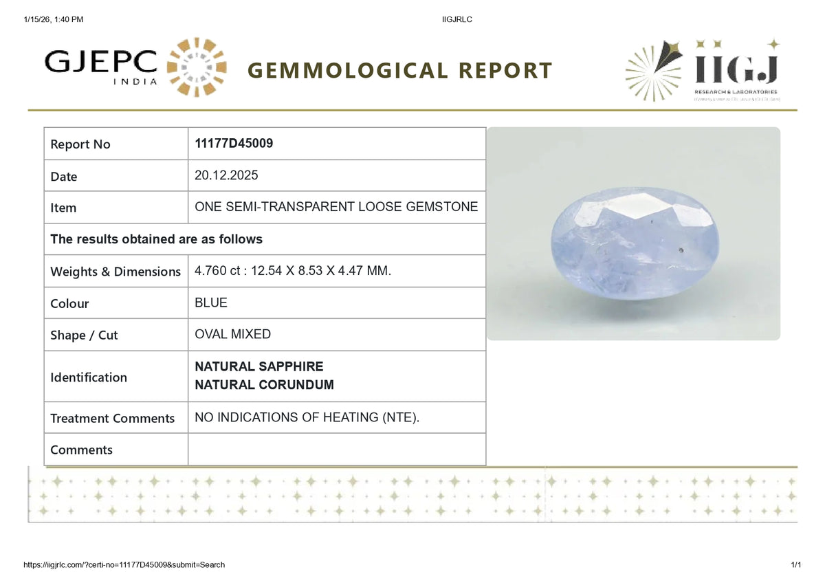 Natural Blue Sapphire 4.76 Carats / 5.23 Ratti