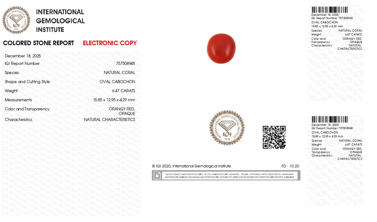 Japanese Red Coral 6.47 Carats / 7.11 Ratti
