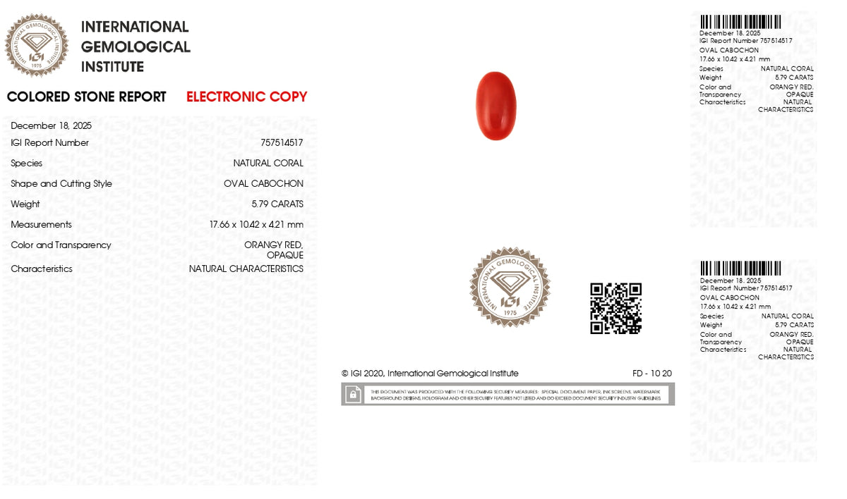 Japanese Red Coral 5.79 Carats / 6.36 Ratti