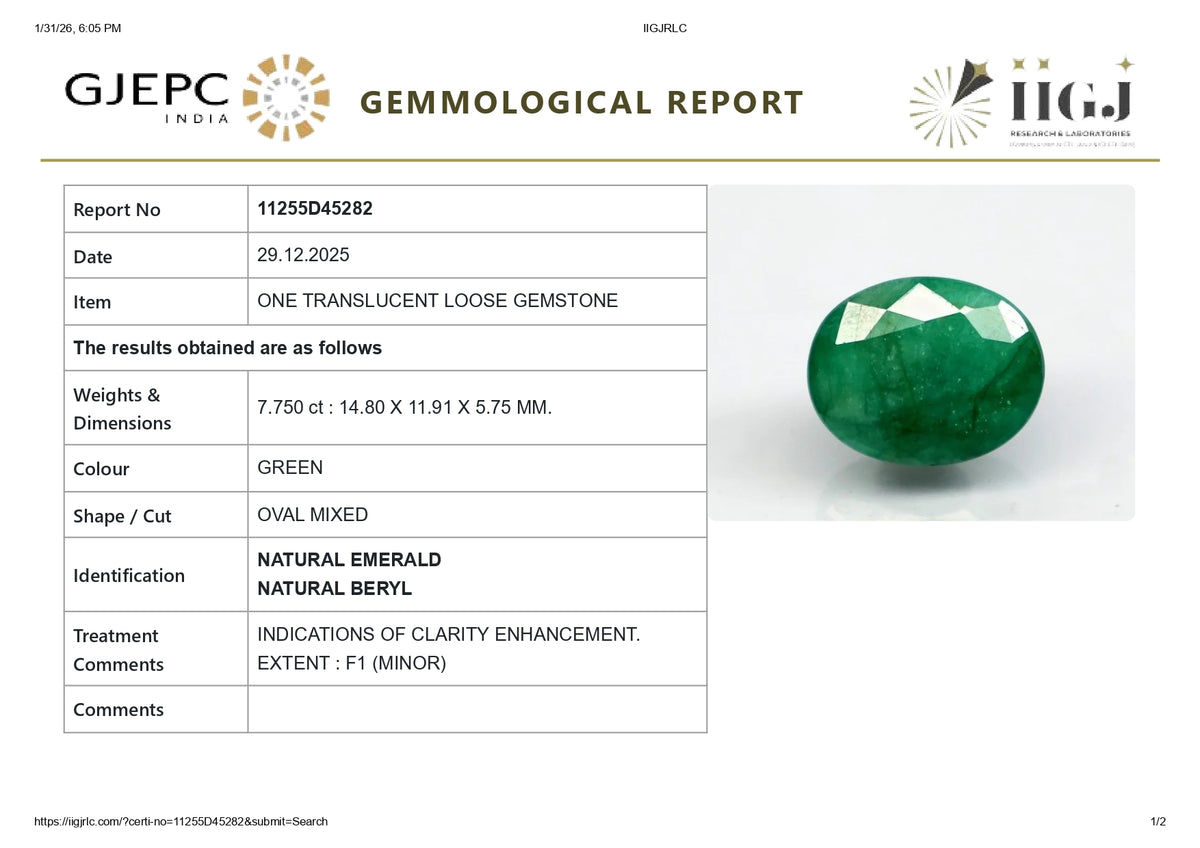 Zambian Emerald (Panna) 7.75 Carats / 8.52 Ratti
