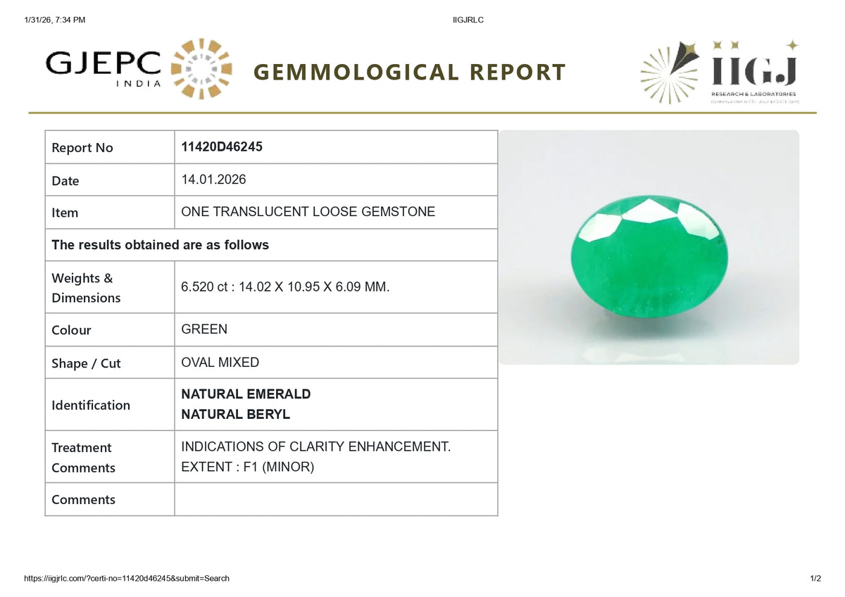 Zambian Emerald (Panna) 6.52 Carats / 7.16 Ratti