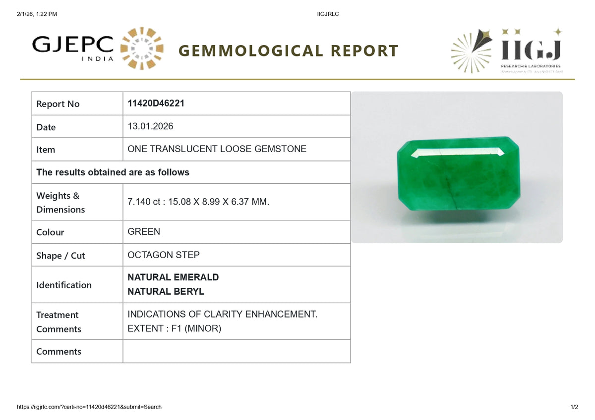 Zambian Emerald (Panna) 7.14 Carats / 7.85 Ratti