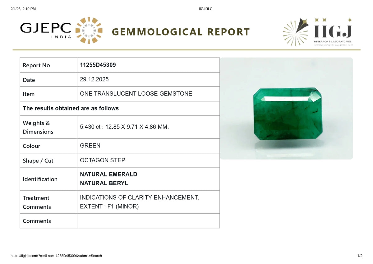 Zambian Emerald (Panna) 5.43 Carats / 5.97 Ratti