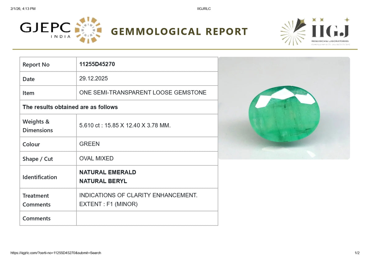 Zambian Emerald (Panna) 5.61 Carats / 6.16 Ratti