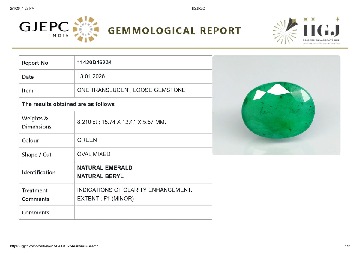 Zambian Emerald (Panna) 8.21 Carats / 9.62 Ratti