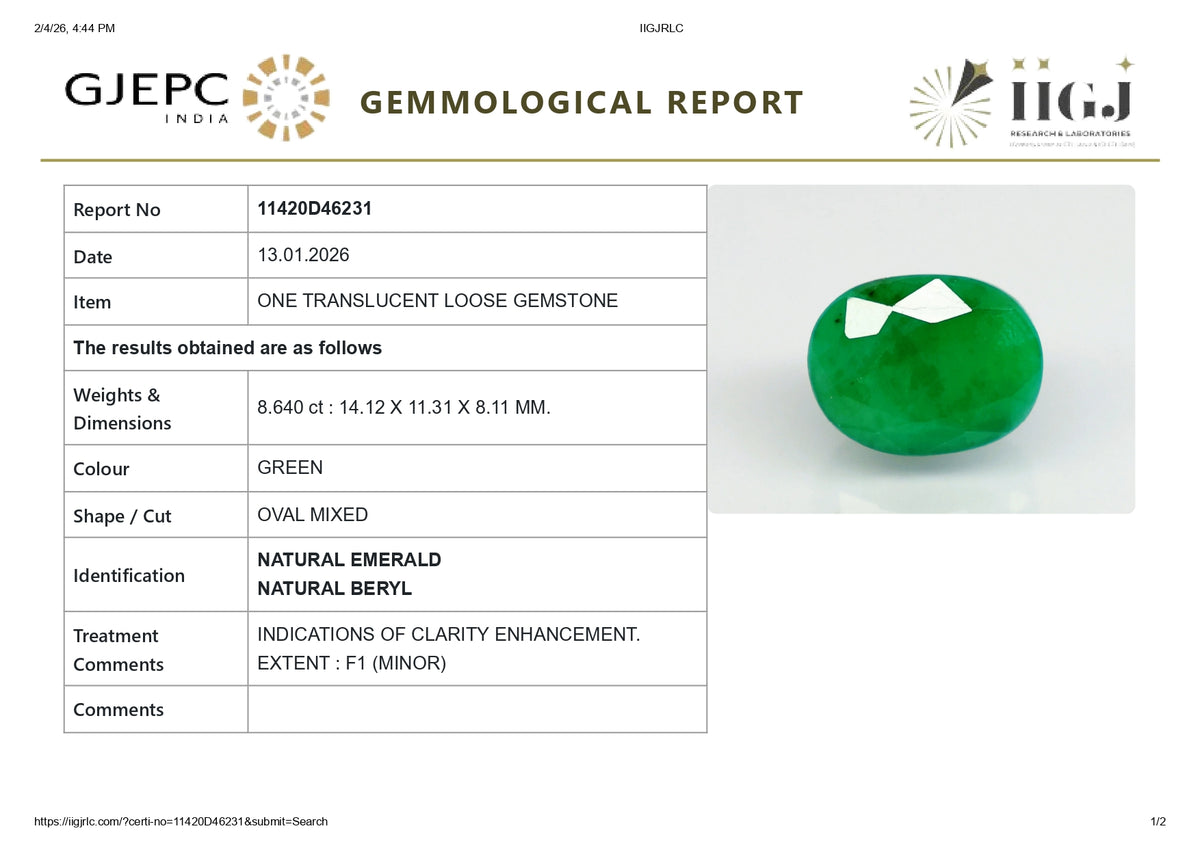 Zambian Emerald (Panna) 8.64 Carats / 9.49 Ratti
