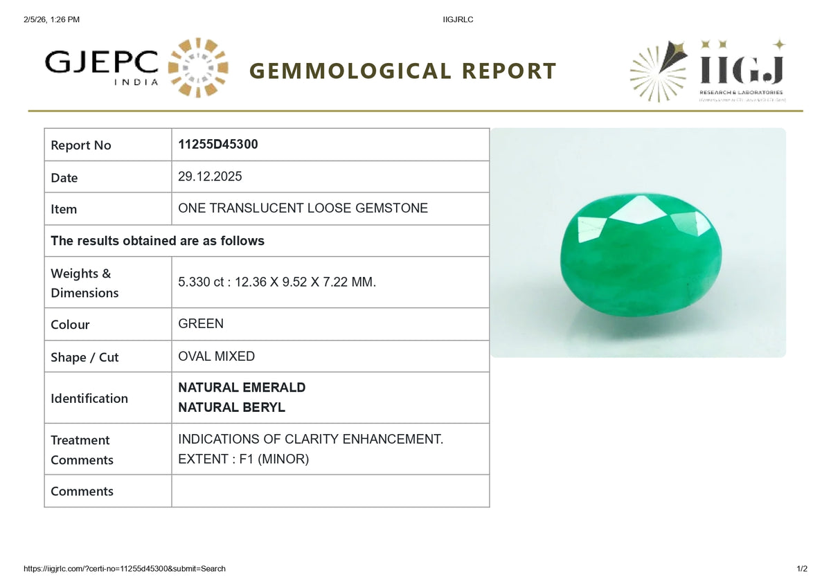 Zambian Emerald (Panna) 5.33 Carats / 5.86 Ratti