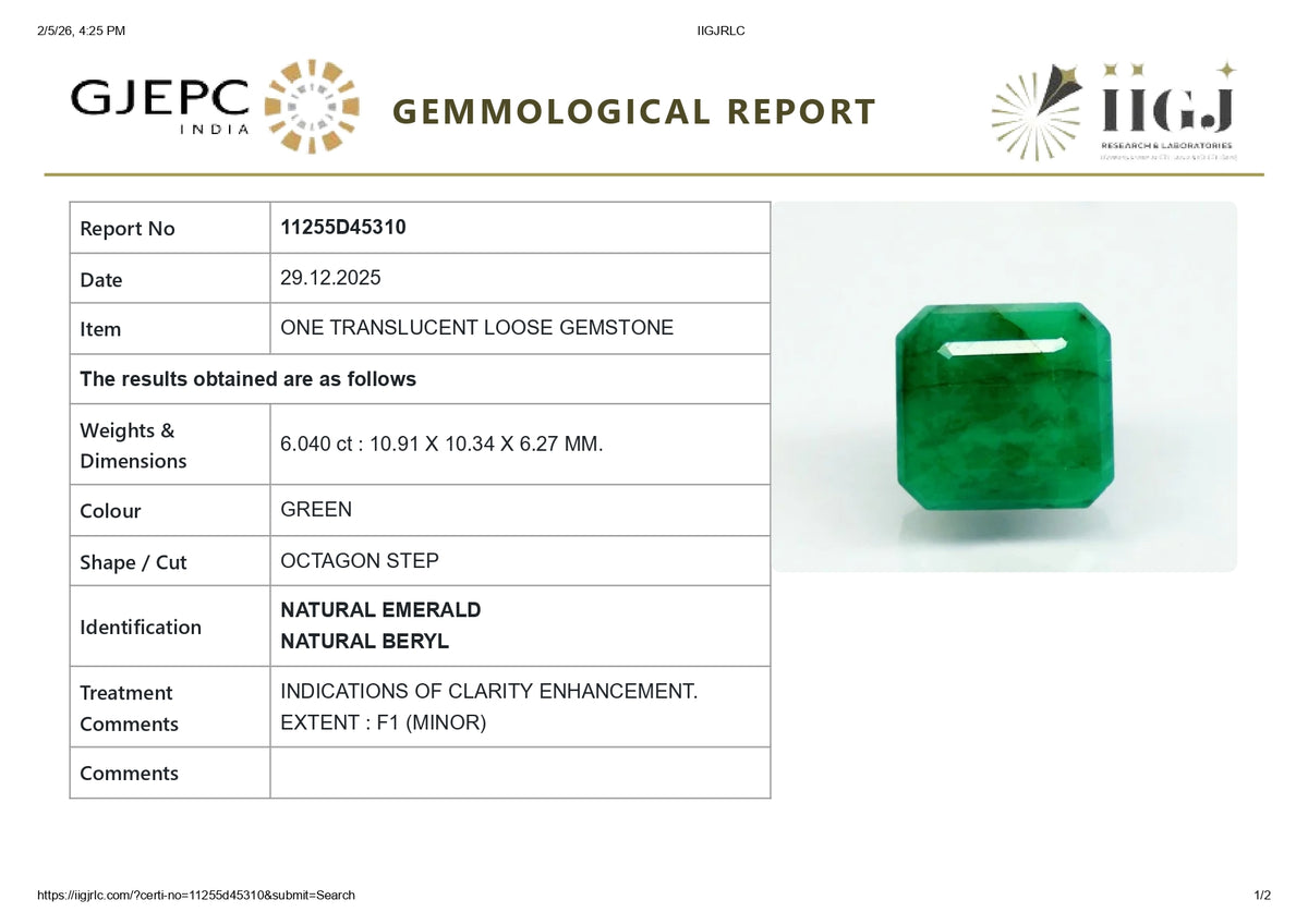 Zambian Emerald (Panna) 6.04 Carats / 6.64 Ratti