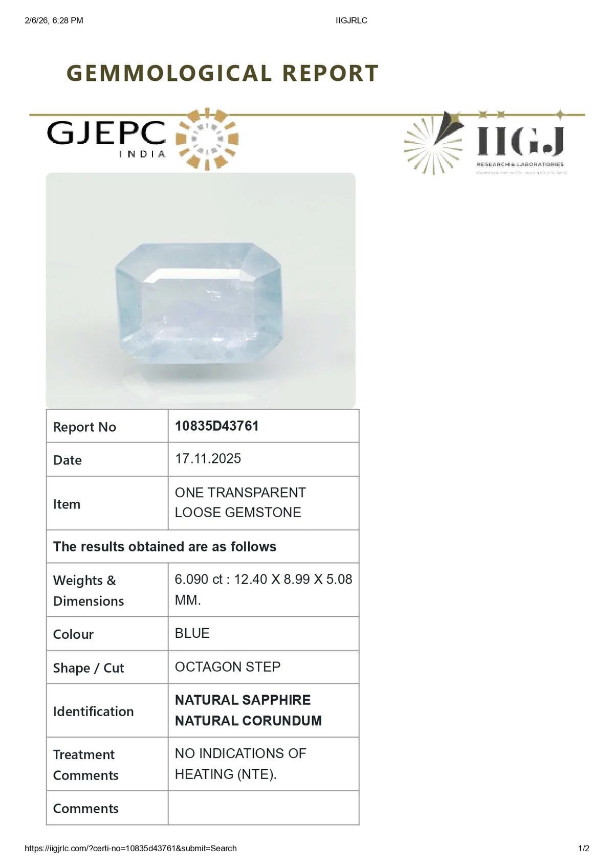 Natural Blue Sapphire 6.09 Carats / 6.69 Ratti