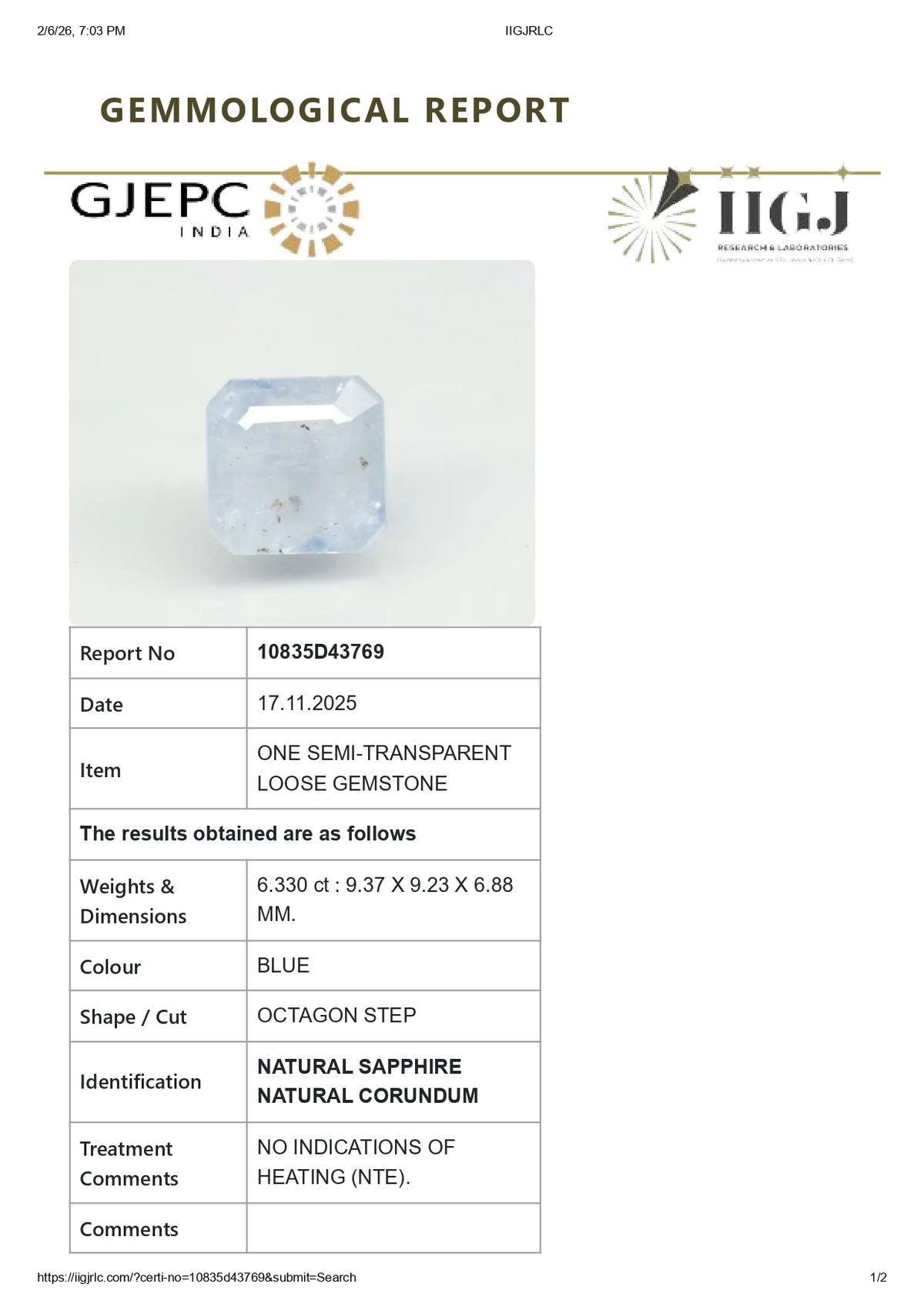 Natural Blue Sapphire 6.33 Carats / 6.96 Ratti
