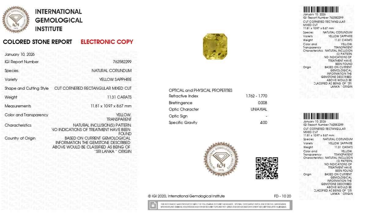 Natural Yellow Sapphire 11.31 Carats / 12.43 Ratti