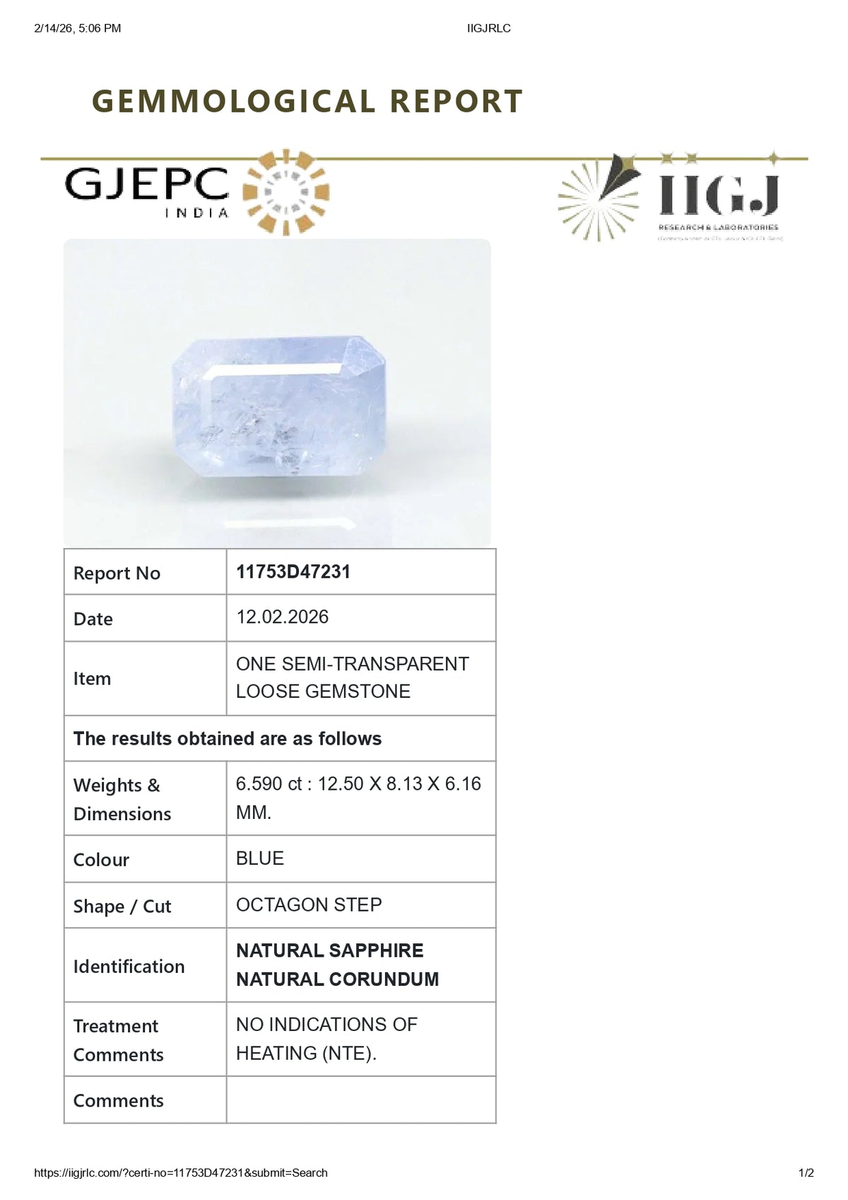Natural Blue Sapphire 6.59 Carats / 7.24 Ratti
