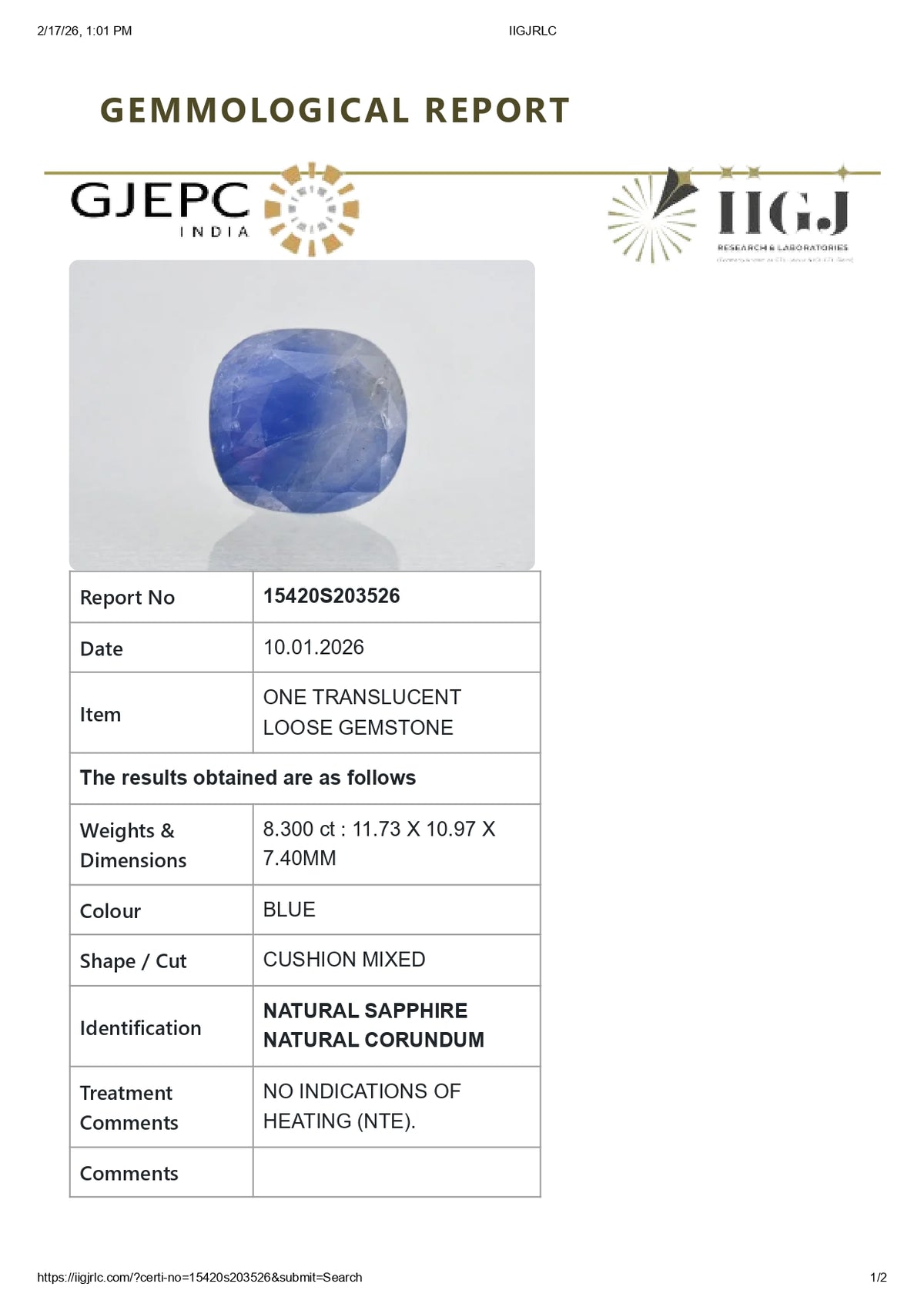 Natural Blue Sapphire 8.30 Carats / 9.12 Ratti