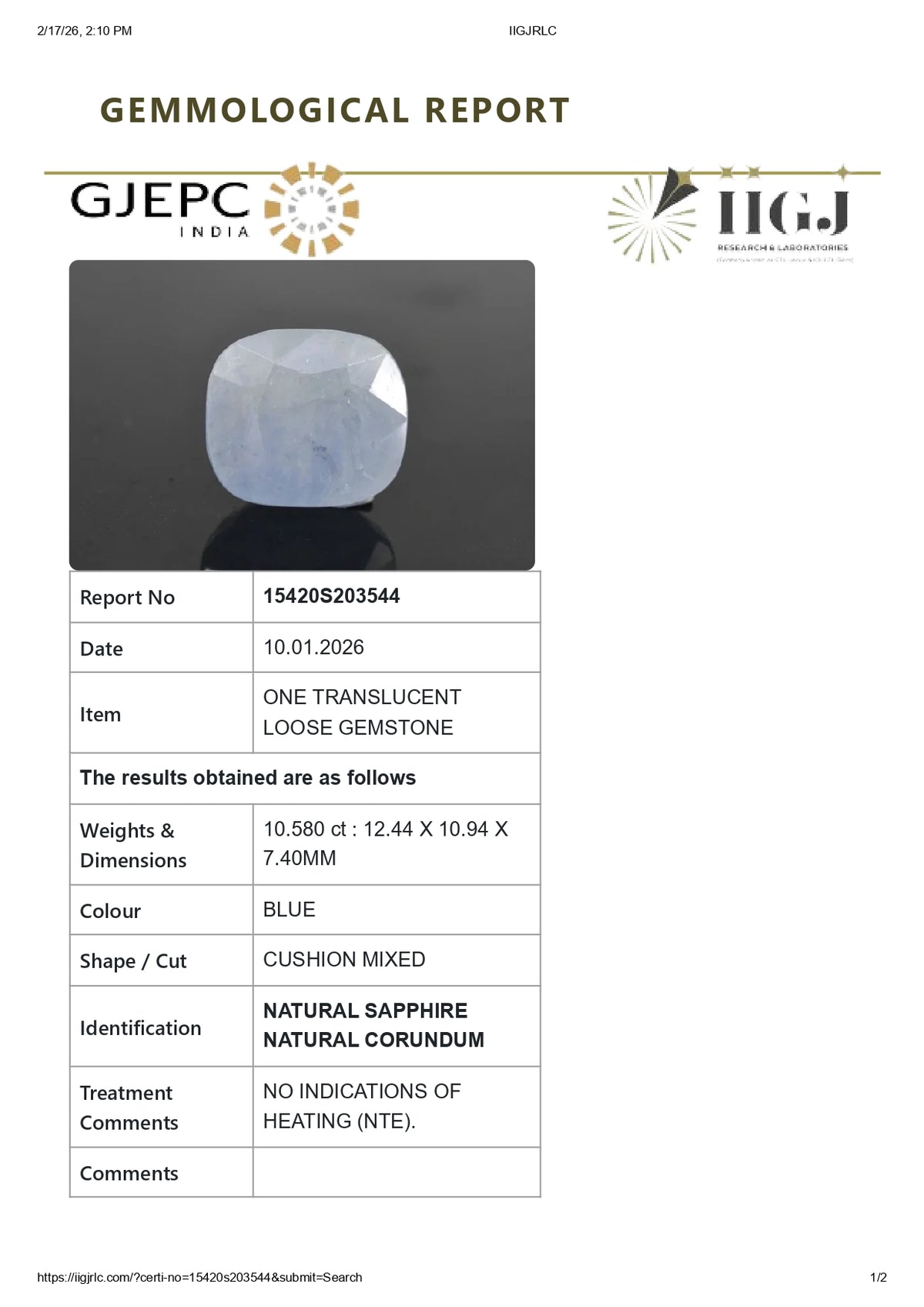 Natural Blue Sapphire 10.58 Carats / 11.63 Ratti