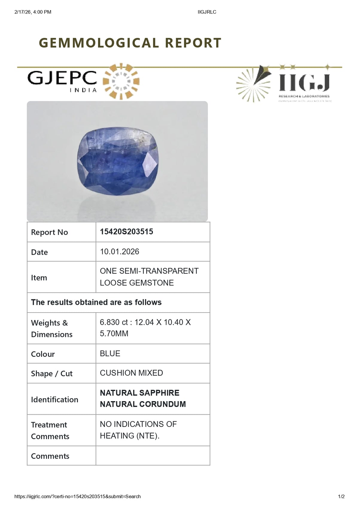 Natural Blue Sapphire 6.83 Carats / 7.51 Ratti
