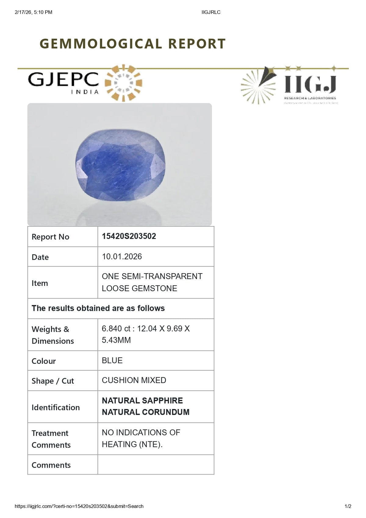 Natural Blue Sapphire 6.84 Carats / 7.52 Ratti