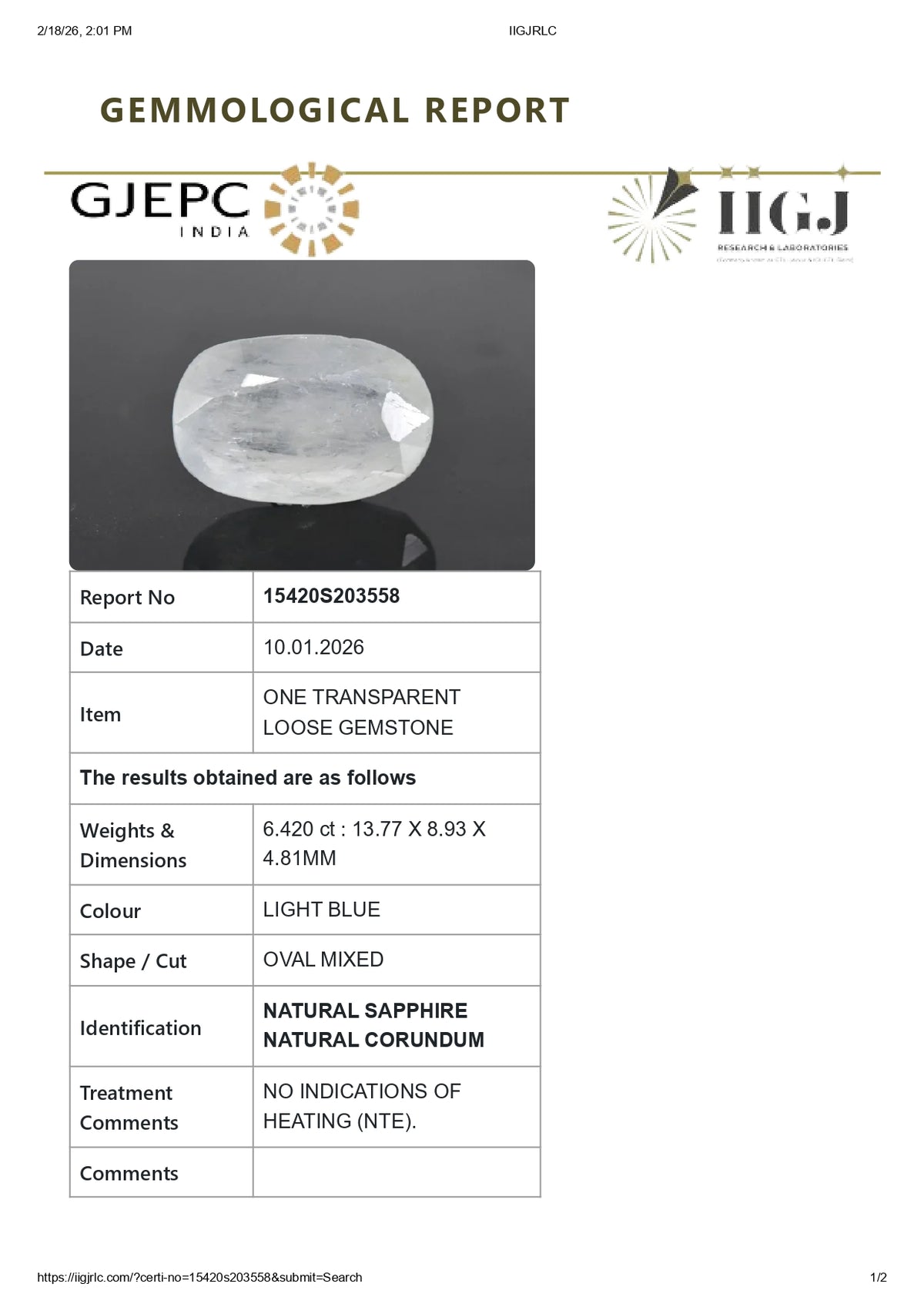 Natural Blue Sapphire 6.42 Carats / 7.05 Ratti