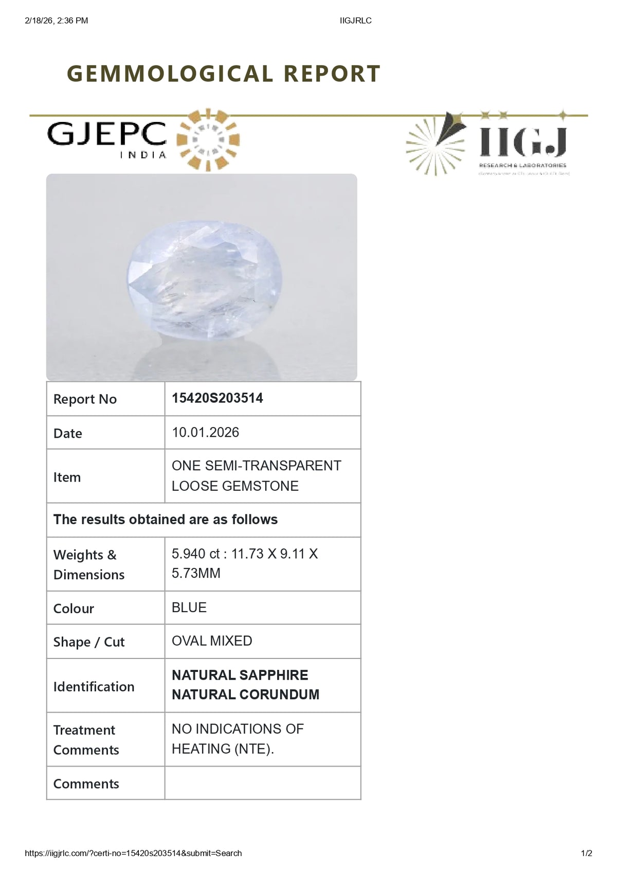 Natural Blue Sapphire 5.94 Carats / 6.53 Ratti