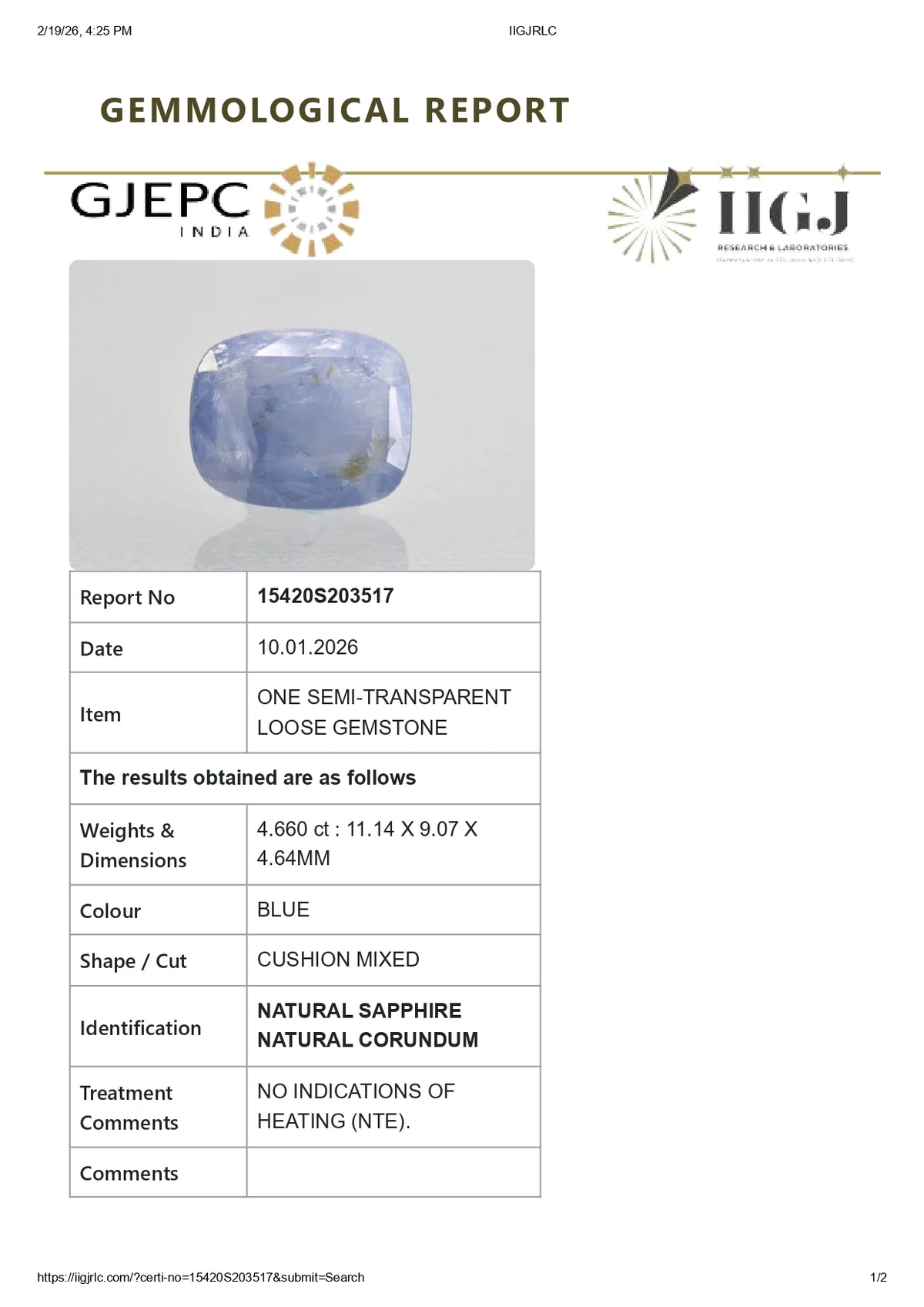 Natural Blue Sapphire 4.66 Carats / 5.12 Ratti