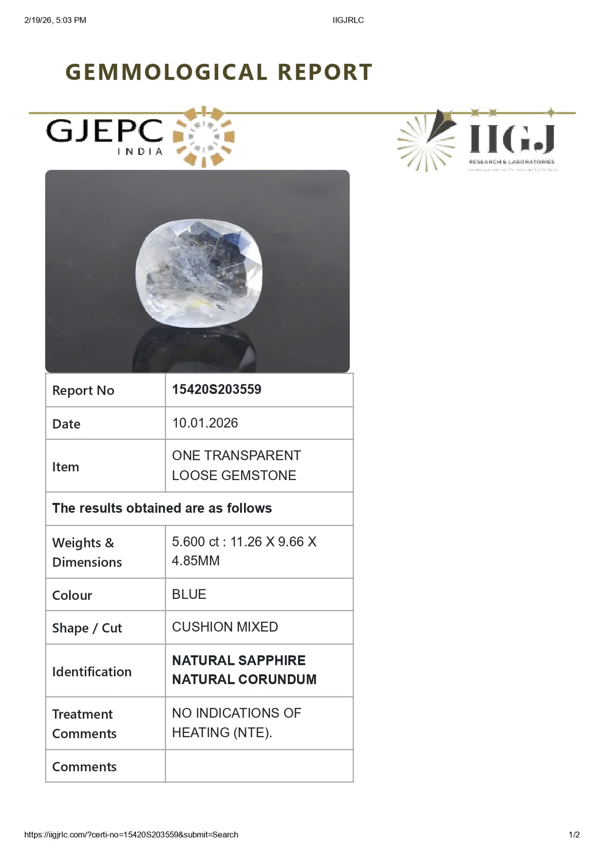 Natural Blue Sapphire 5.60 Carats / 6.15 Ratti