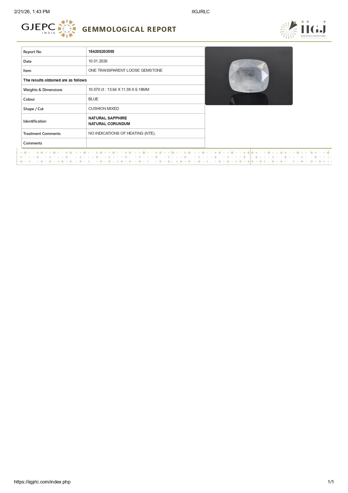 Natural Blue Sapphire 10.07 Carats / 11.07 Ratti